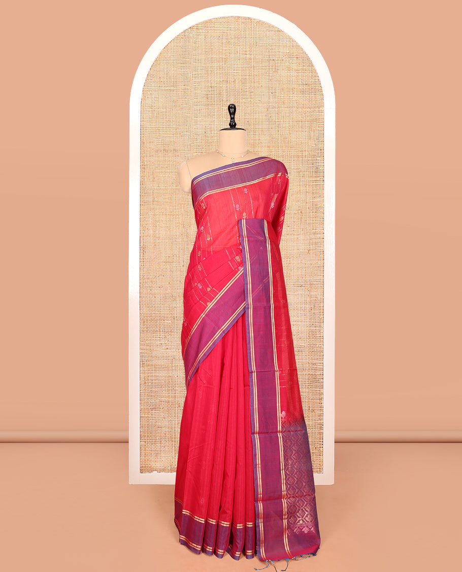 Red Silk Cotton Saree, Decorated with Zari Stripes and Buttas, Complemented by a Contrast Border, Contrast Butta Enclosed Hexagon Pallu, and a Contrast Blouse