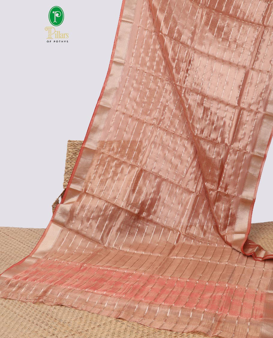 Red striped semi tissue saree with contrast zari border & zari design pallu
