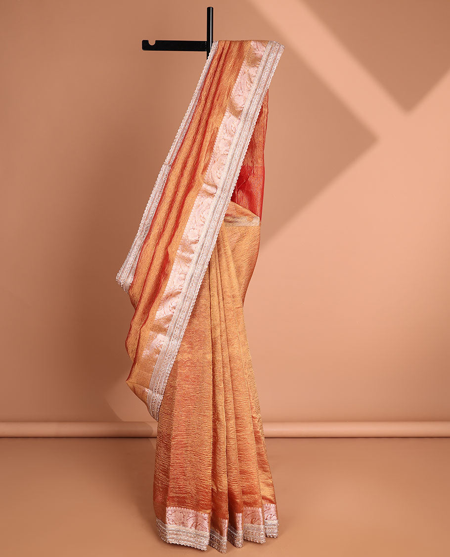 Orange crush tissue saree with self intricate zari design border & striped pallu