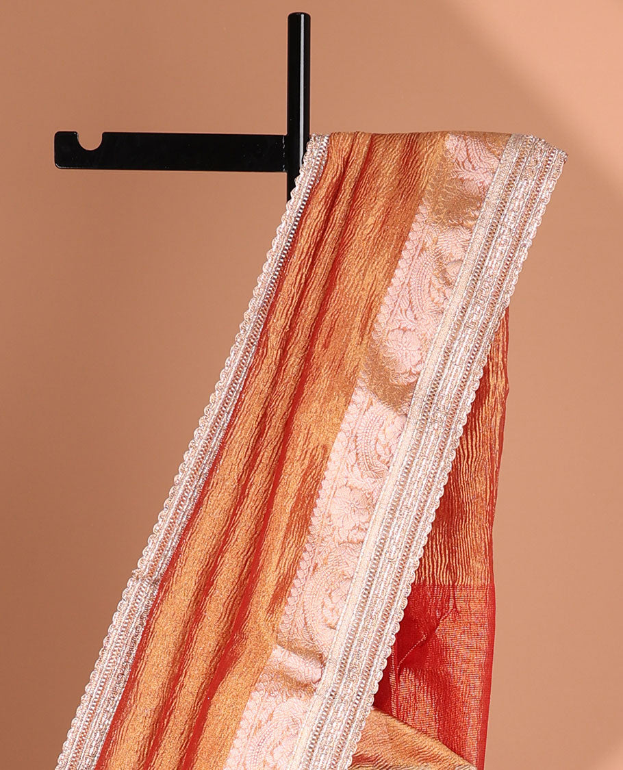 Orange crush tissue saree with self intricate zari design border & striped pallu