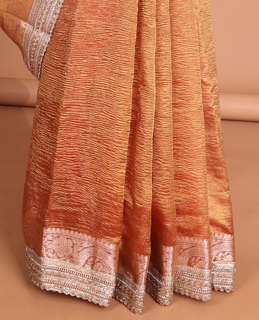 Orange crush tissue saree with self intricate zari design border & striped pallu