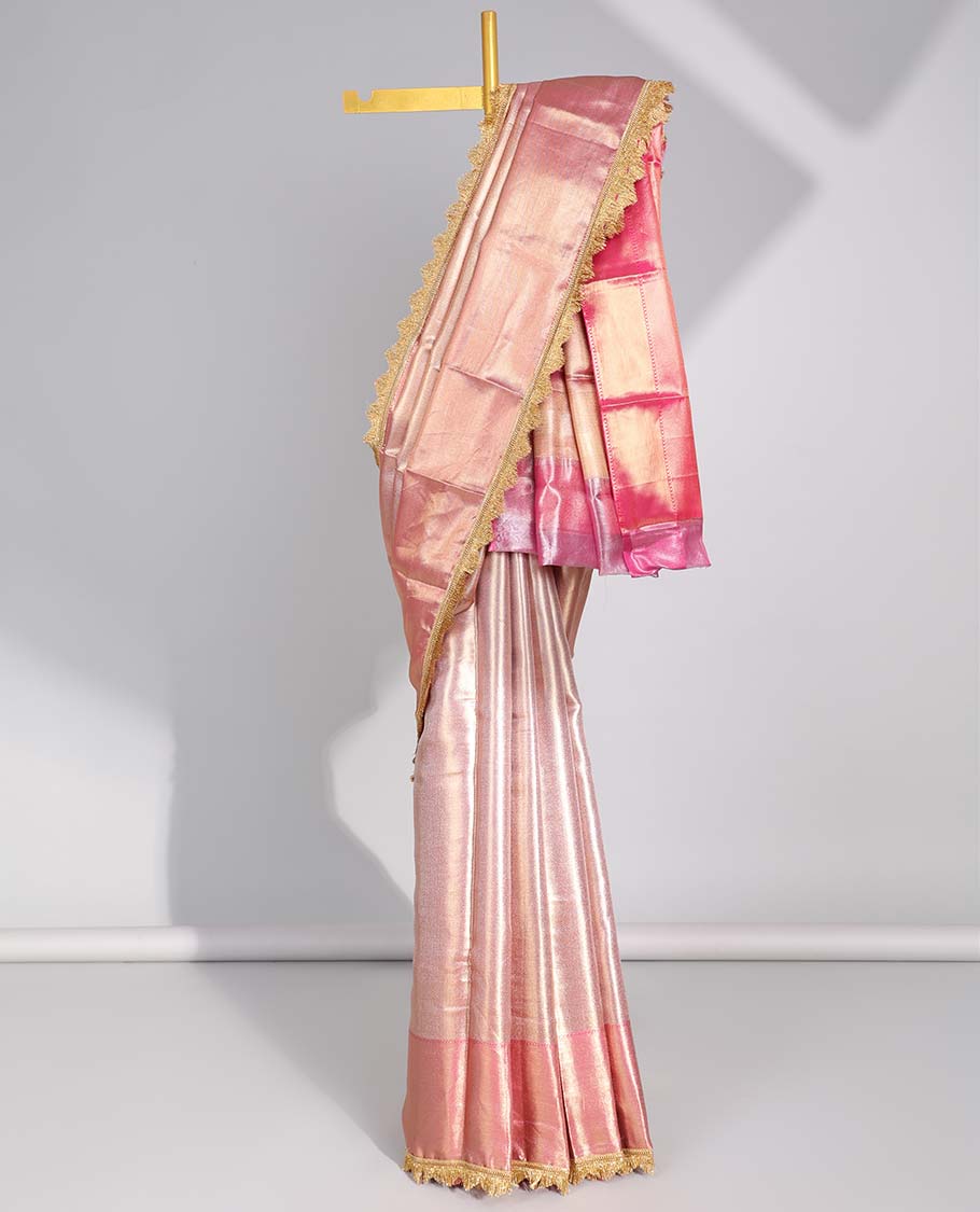 Light pink striped tissue saree with contrast intricate design border & zig zag striped pallu