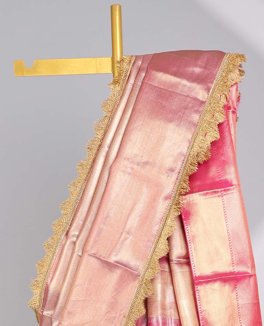 Light pink striped tissue saree with contrast intricate design border & zig zag striped pallu