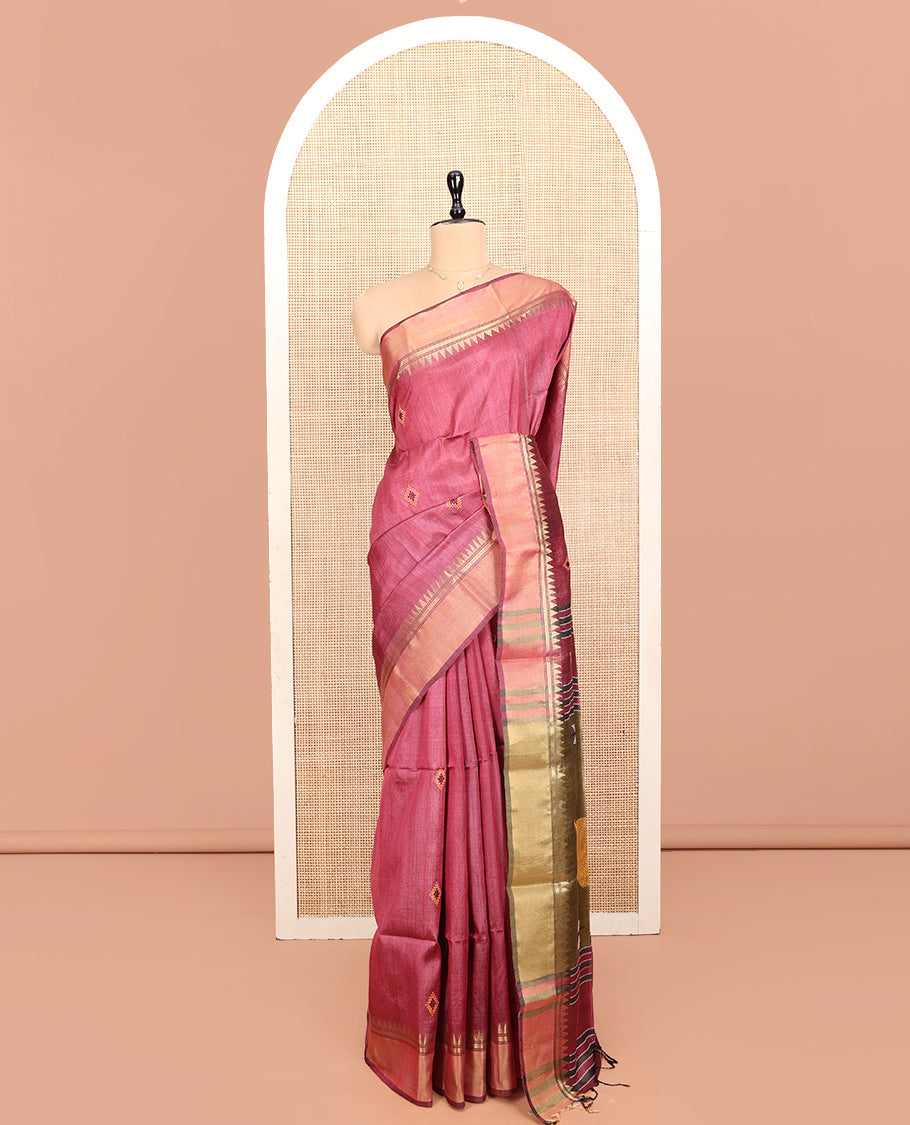 Pink Tussar Silk Saree, Graced with Diamond Motifs, a Temple Border, Contrast Delicately Thread Pallu, and a Contrast Blouse