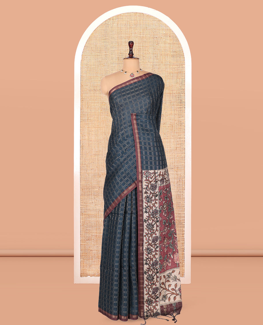 Blue Fancy Tussar Silk Saree, Elevated with Checked Design, Contrast Zari Piping Border, Pallu of Kalamkari Peacock Motifs, and Contrast Kalamkari Printed Blouse