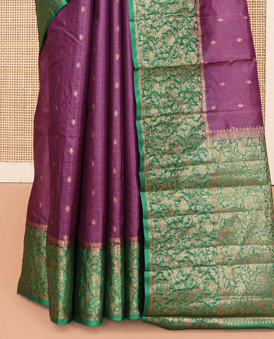 Purple Tussar Silk Saree, Accentuated with Zari Buttas, a Contrast Floral Design Border, Floral Design Pallu, and a Contrast Blouse