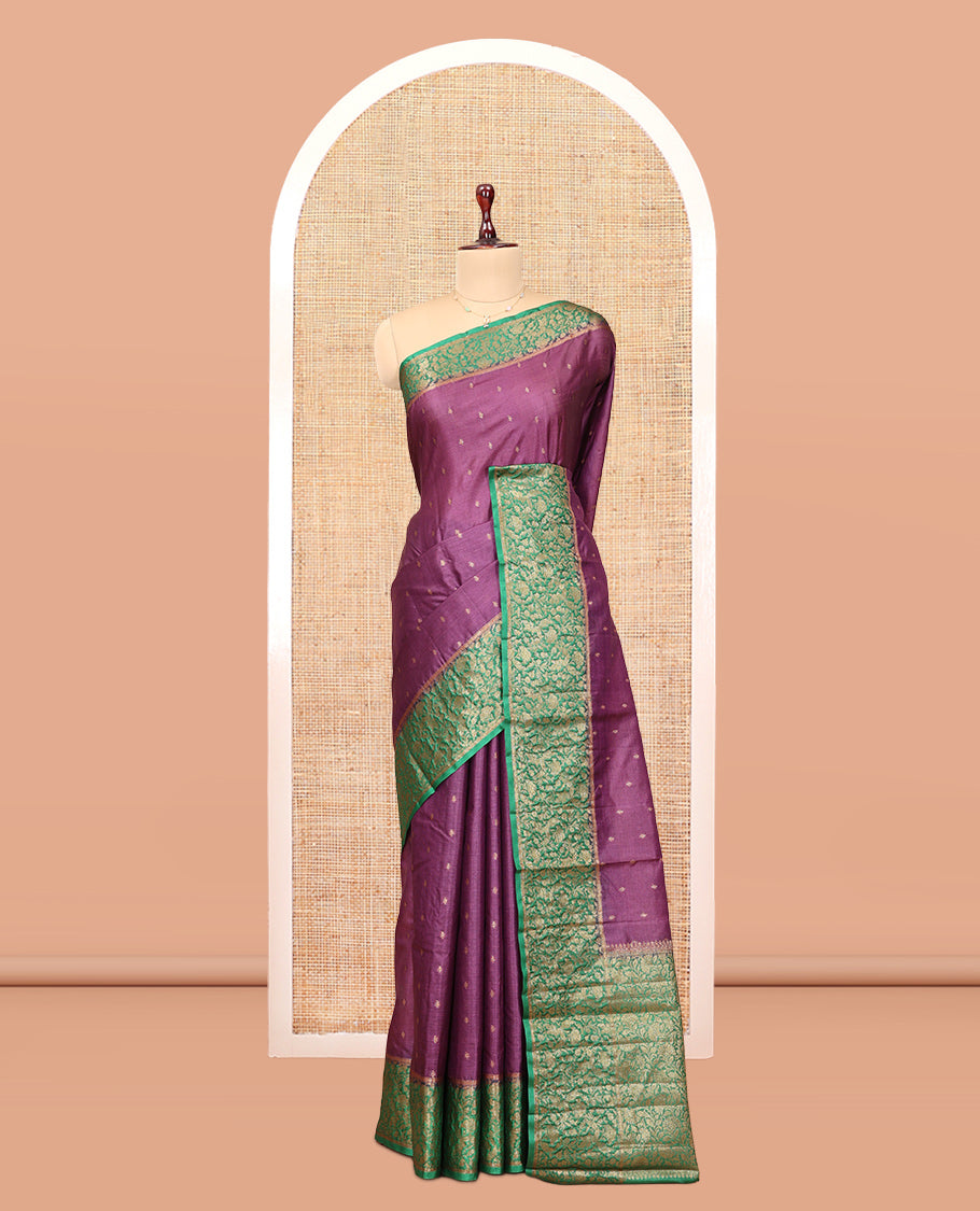 Purple Tussar Silk Saree, Accentuated with Zari Buttas, a Contrast Floral Design Border, Floral Design Pallu, and a Contrast Blouse