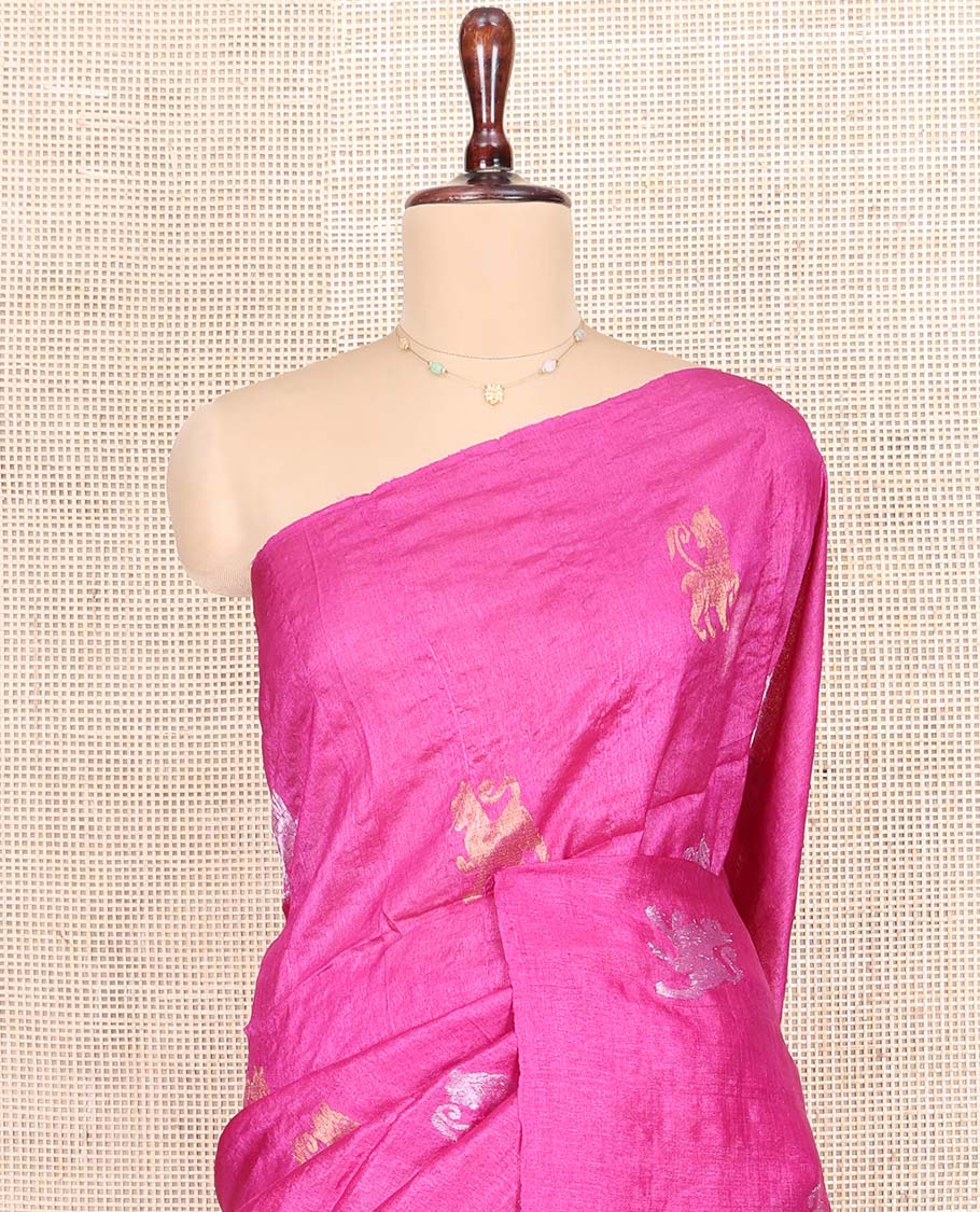 Borderless Rani Pink Tussar Silk Saree Illustrating Mythological Animal Motifs Woven in Zari on Its Body, Pallu Highlighted by Animal-Human Motifs in Zari, and Paired with a Matching Blouse