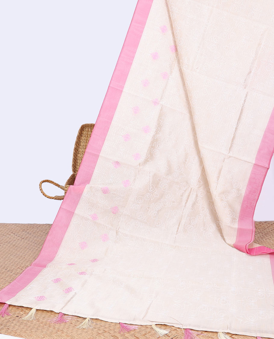 Cream floral thread embroidery semi-banaras tussar saree with contrast plain border & floral embroidered pallu