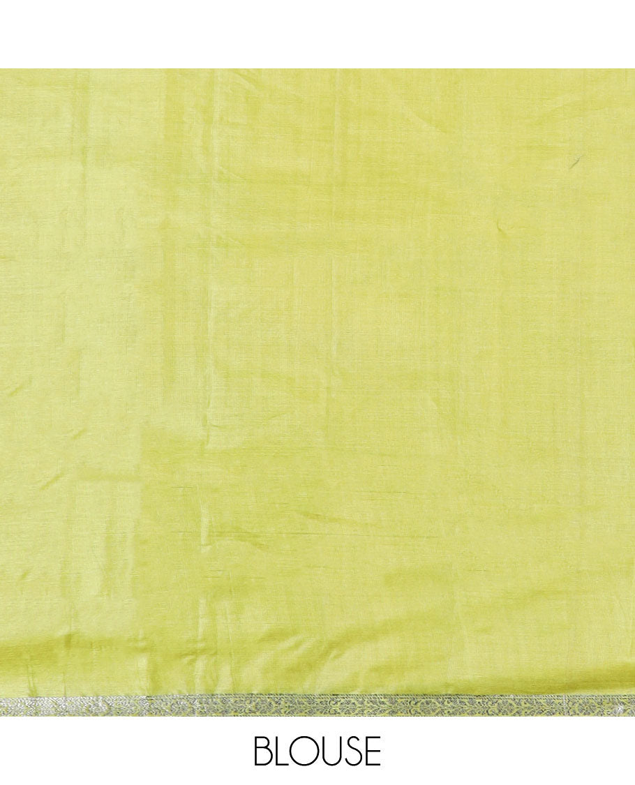 Green geometric motifs tussar silk saree with self zari design border & floral design pallu