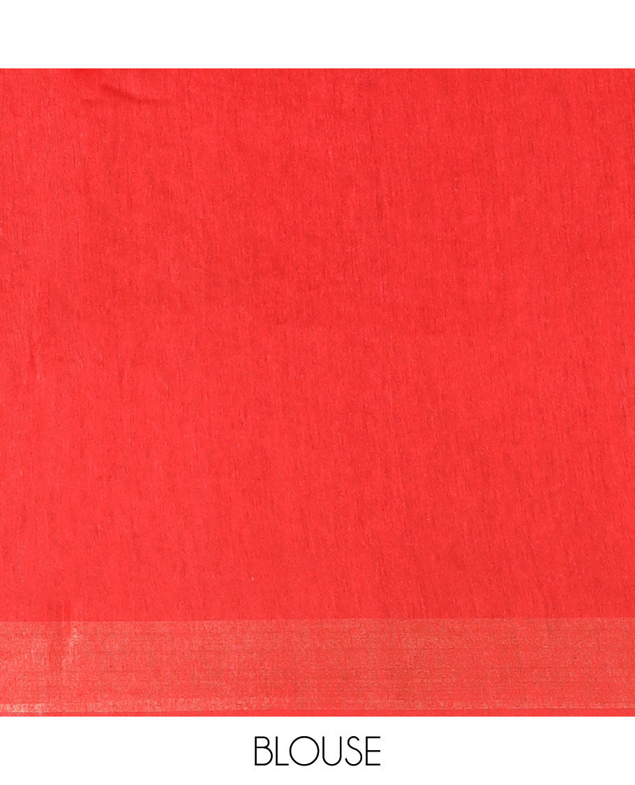 Red floral motifs multi-color thread embroidered tussar silk saree, bavanji border, and striped pallu