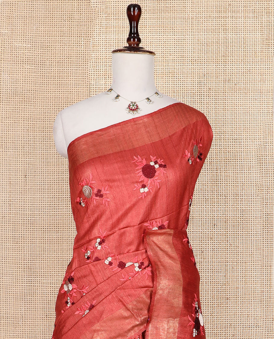 Red floral motifs multi-color thread embroidered tussar silk saree, bavanji border, and striped pallu