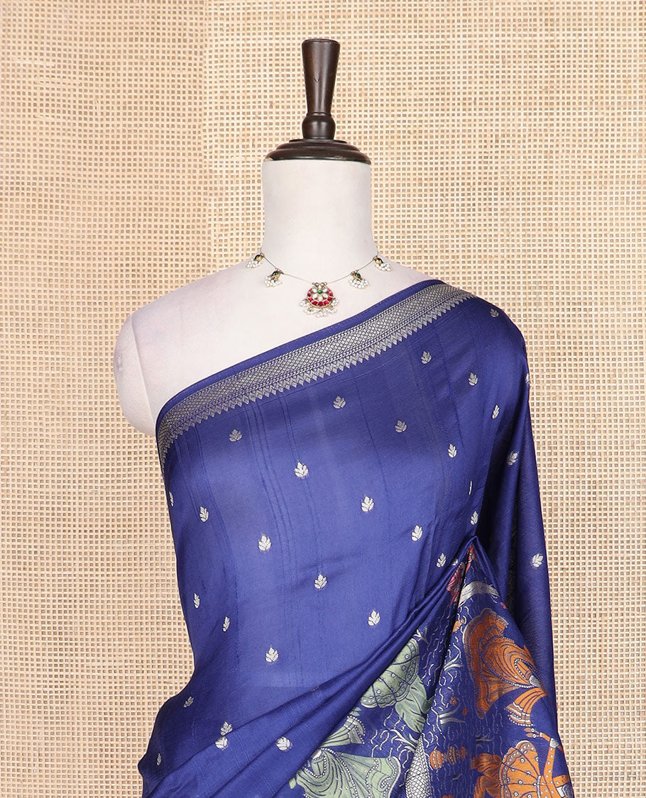Blue buttas, and dancing figurines, meenakari design Matka silk saree, traditional design border