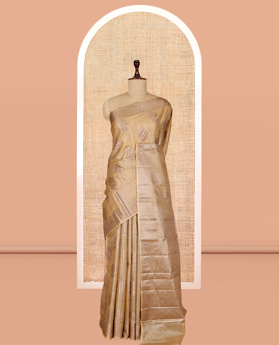 Sandal Tusser Silk Saree, Sparsely Threaded with Zari Buttas, a Zari Border, Grand Pallu, and a Matching Blouse