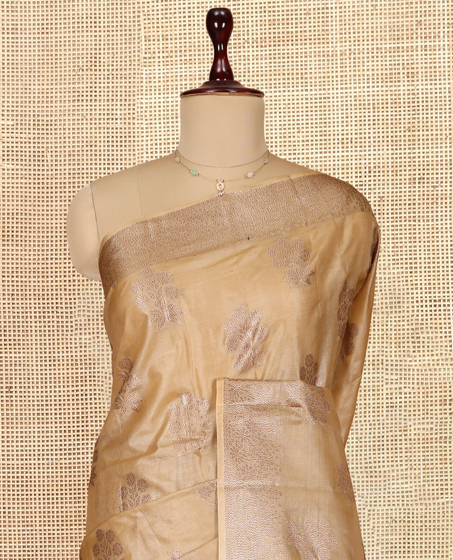 Sandal Tusser Silk Saree, Sparsely Threaded with Zari Buttas, a Zari Border, Grand Pallu, and a Matching Blouse