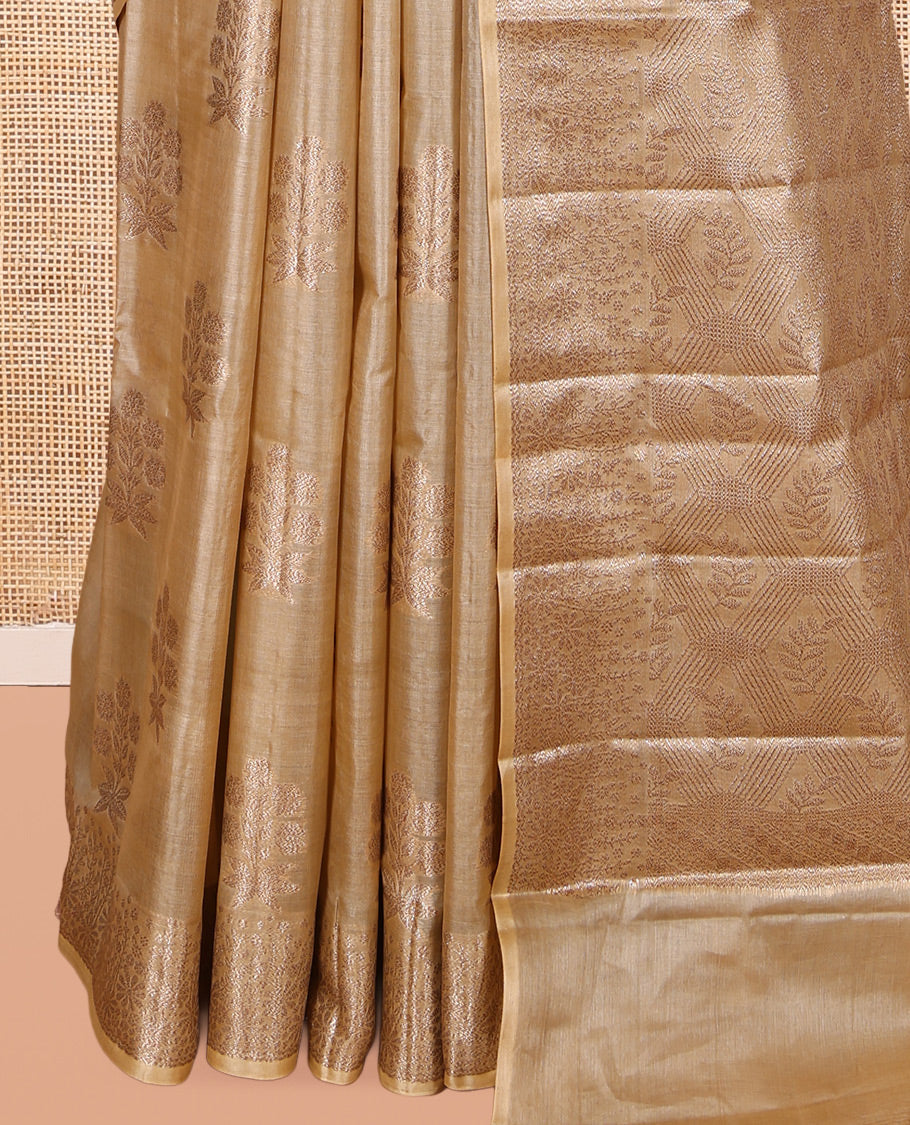 Sandal Tusser Silk Saree, Sparsely Threaded with Zari Buttas, a Zari Border, Grand Pallu, and a Matching Blouse