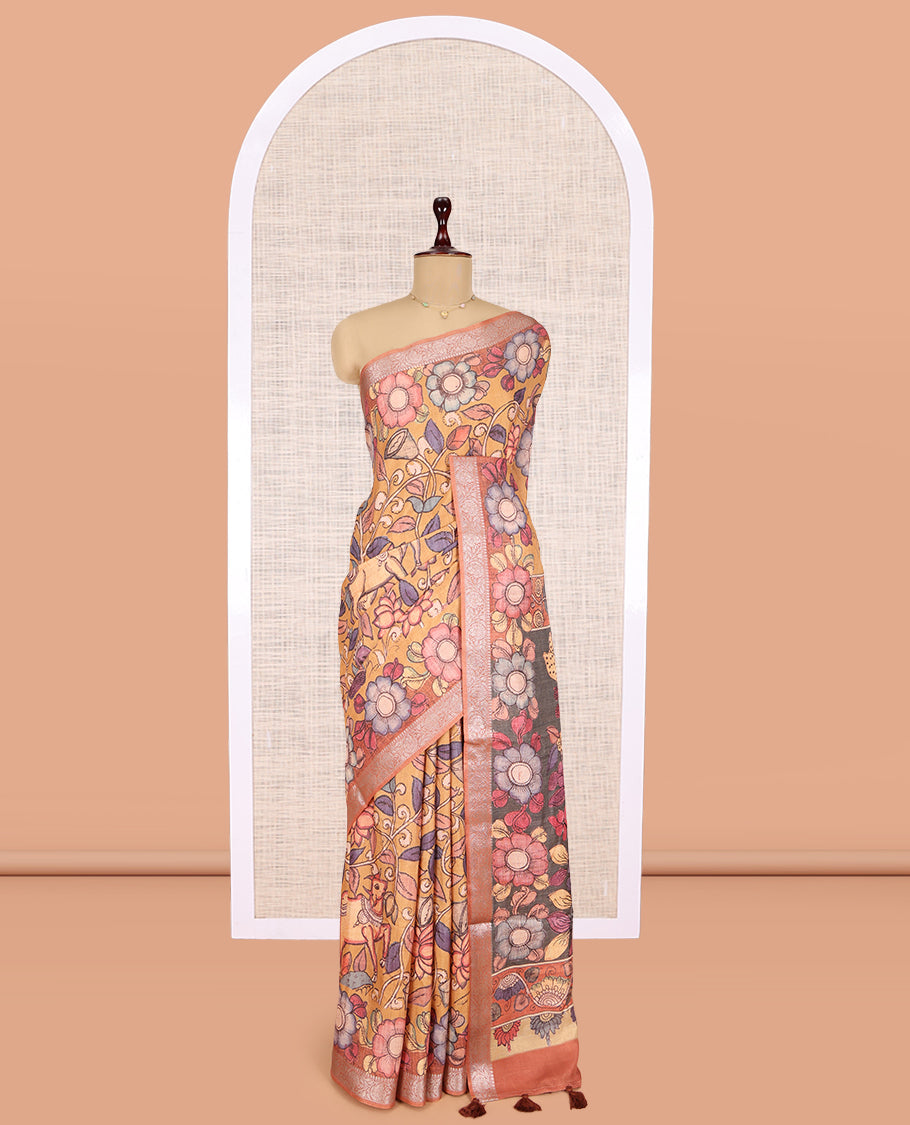 Pale Orange Kalamkari Printed Fancy Tussar Saree