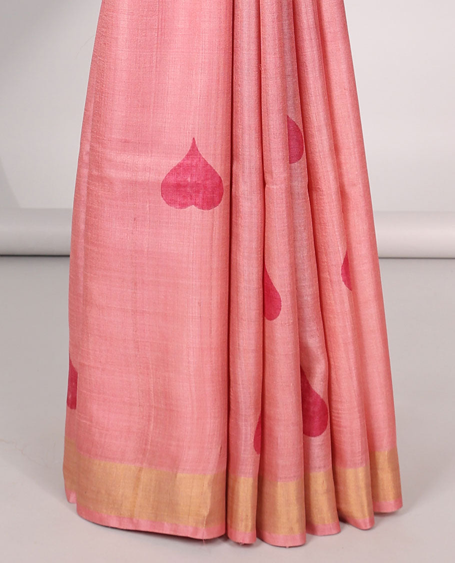 Red all over heart motifs tussar saree with self-intricate zari border