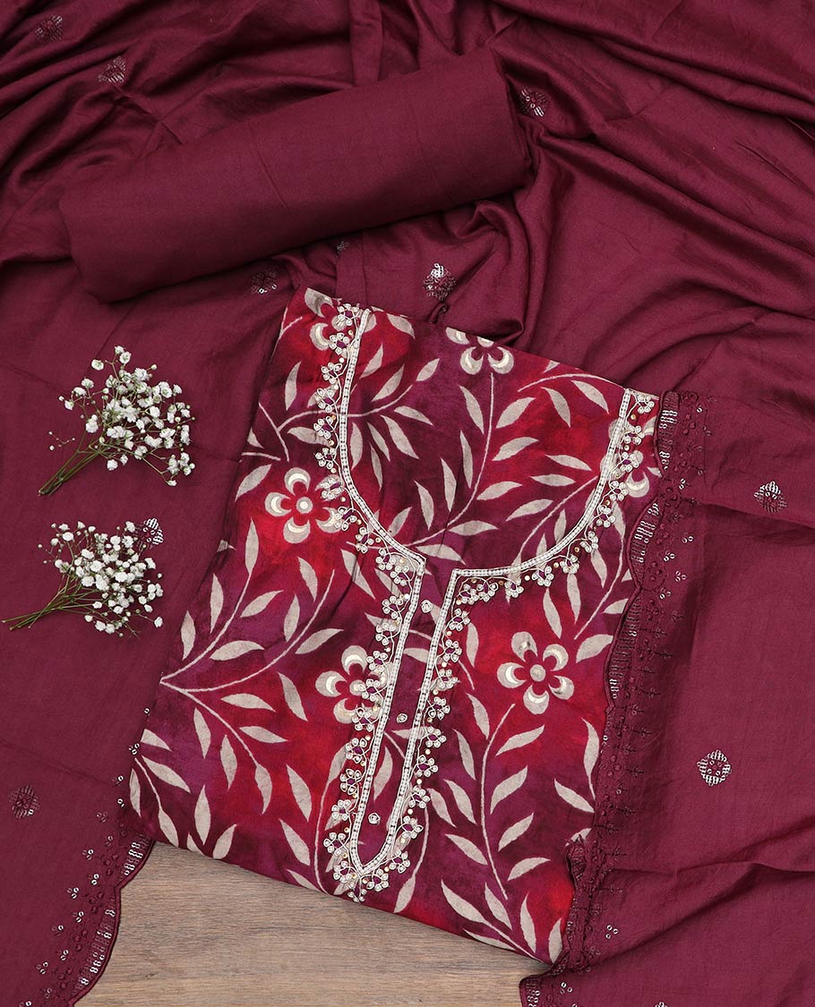 Maroon material chudidar set, shibori print, floral vine print and neck embroidered top, plain bottom and scallop sequins embroidered dupatta