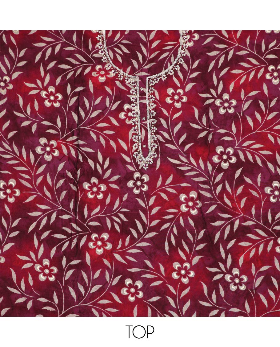 Maroon material chudidar set, shibori print, floral vine print and neck embroidered top, plain bottom and scallop sequins embroidered dupatta