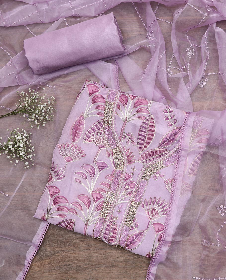 Pink material chudidar set, tropical printed with neck embroidered top, plain bottom, and thread embroidered dupatta