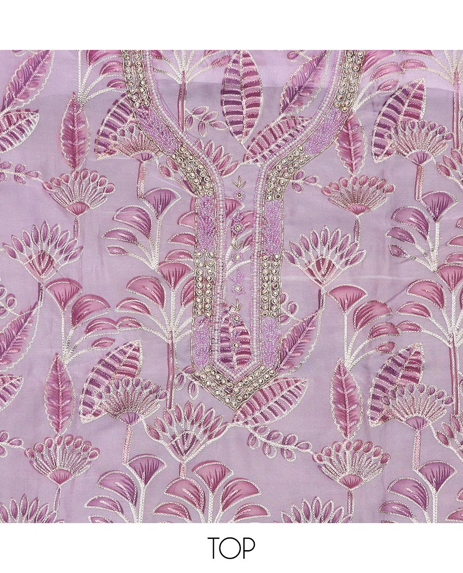 Pink material chudidar set, tropical printed with neck embroidered top, plain bottom, and thread embroidered dupatta