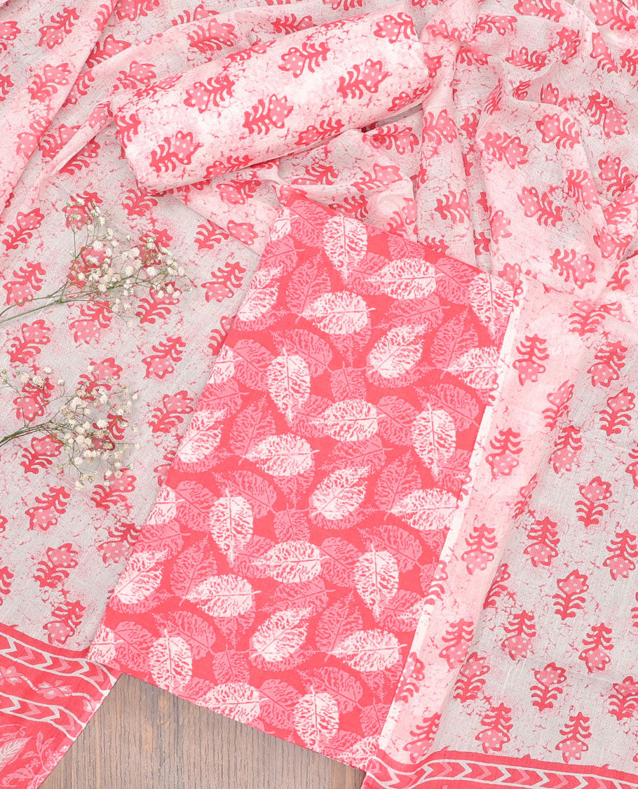 pink chudidhar material set leaf motifs design top with batik print bottom & batik print , floral pritnt dupatta