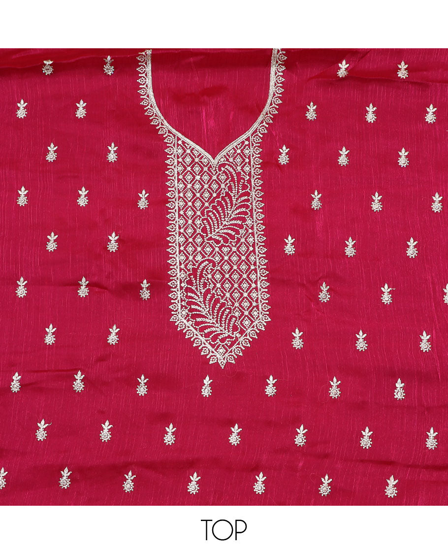 Pink material chudidar set, thread embroidered top, plain bottom, and thread embroidered scallop dupatta