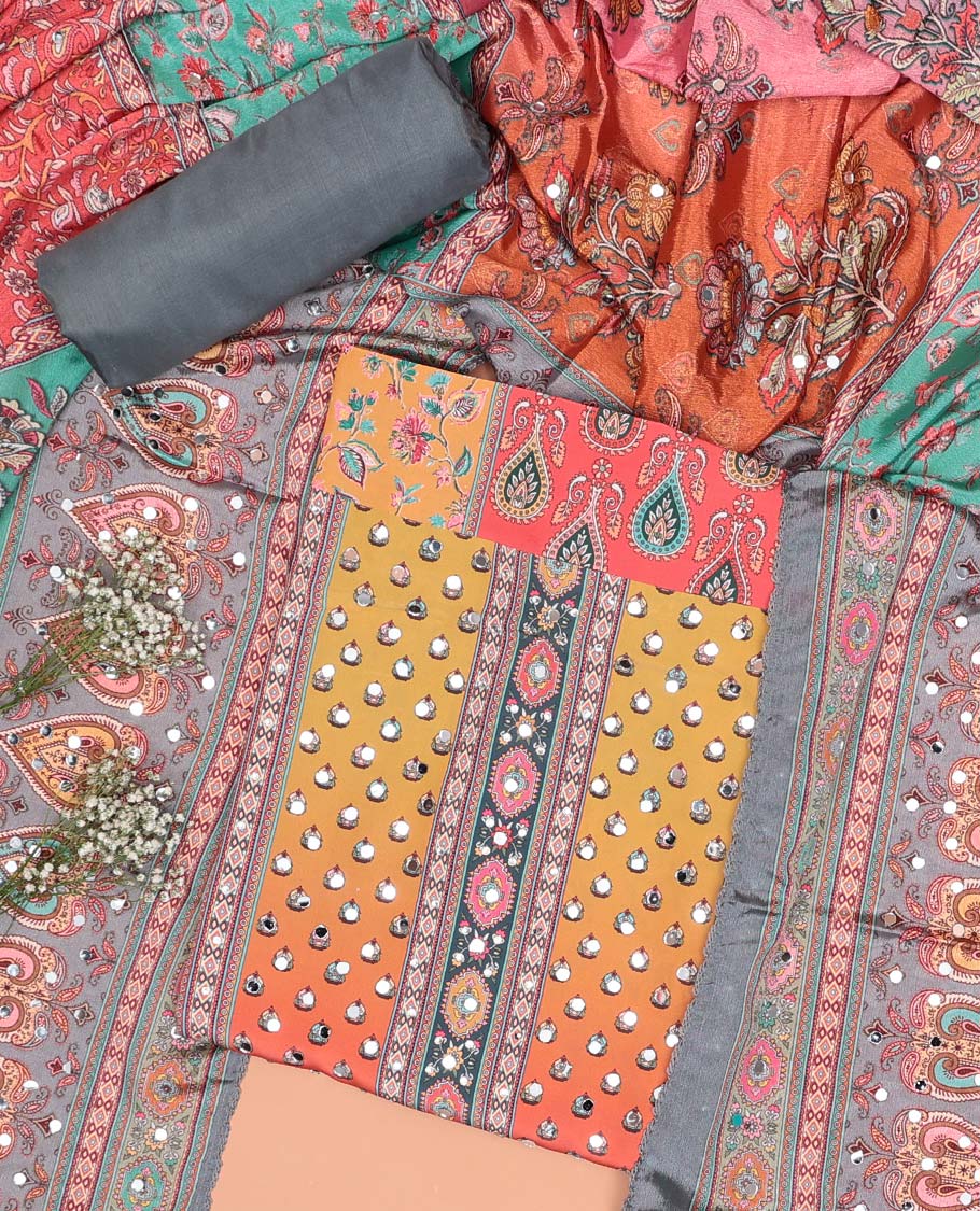 Multi-color chudidhar material set floral design with mirror work, grey plain bottom & floral design mirror work dupatta