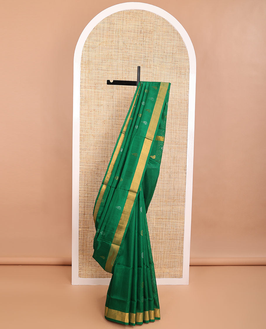 Green floral motifs uppada saree with self zari border & striped, floral design pallu