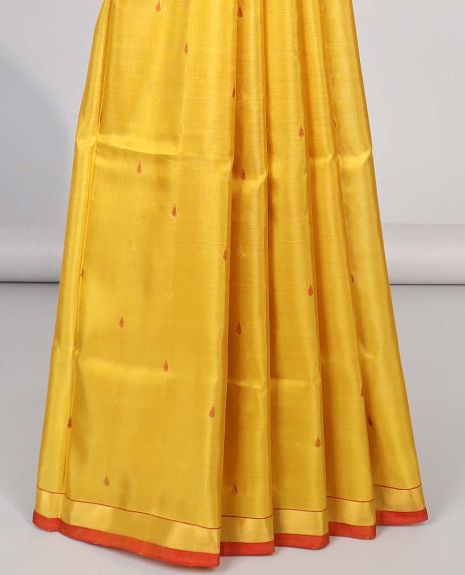 Yellow motifs uppada silk saree with contrast zari border & floral vine design pallu