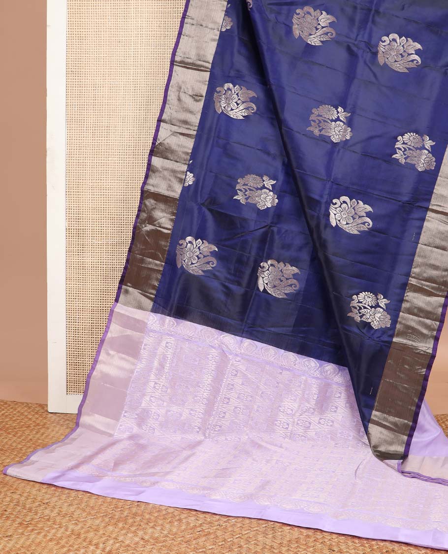 Dark blue motifs uppada silk saree with contrast zari border & argyle design pallu