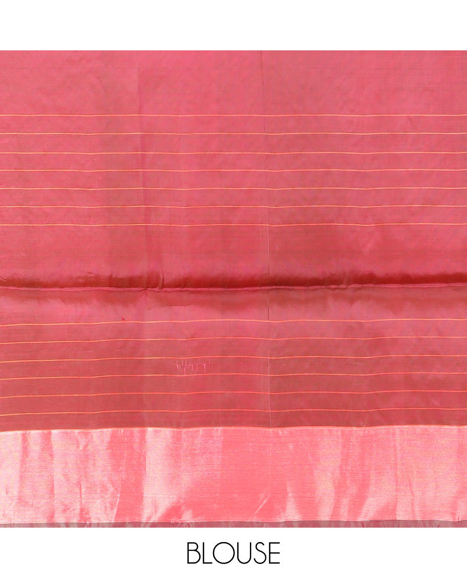 Pink Semi Uppada Saree Accentuated with Floral Buttas, Complemented by a Bavanji Border, Pallu Steeped in Floral Bouquet and Paisley Designs, and Paired with a Contrast Blouse
