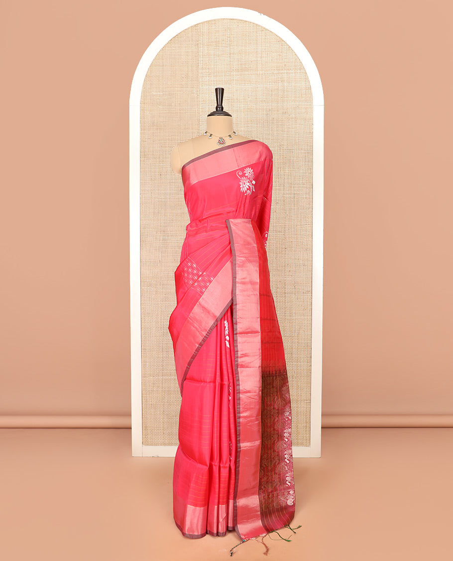 Pink Semi Uppada Saree Accentuated with Floral Buttas, Complemented by a Bavanji Border, Pallu Steeped in Floral Bouquet and Paisley Designs, and Paired with a Contrast Blouse