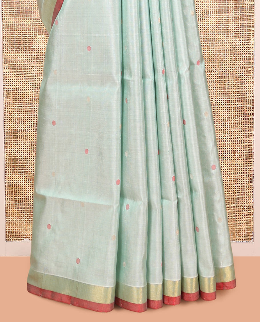 Blue Uppada Silk Saree, Embellished with Thread Buttas, Complemented By Contrast Bavanji Border, Grand Floral Vine Pallu, and a Contrast Blouse
