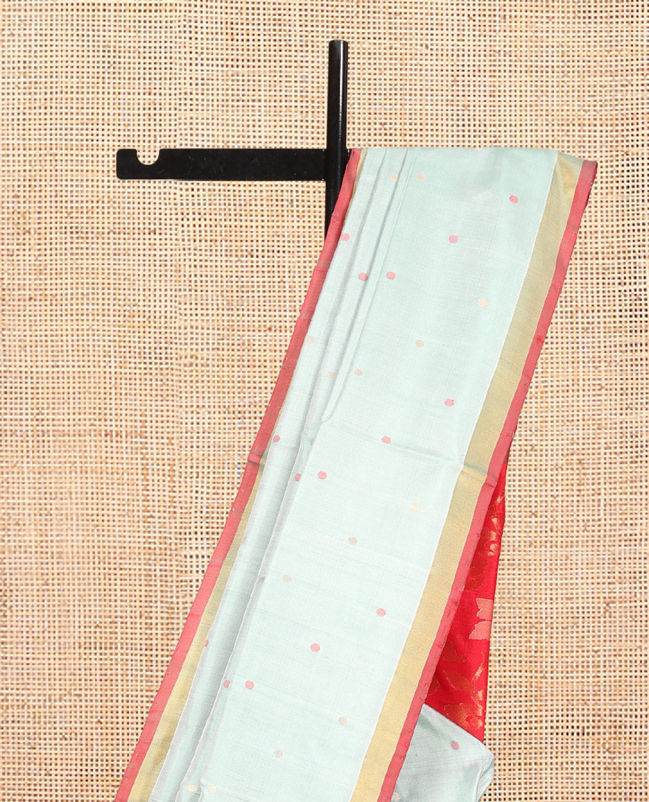 Blue Uppada Silk Saree, Embellished with Thread Buttas, Complemented By Contrast Bavanji Border, Grand Floral Vine Pallu, and a Contrast Blouse