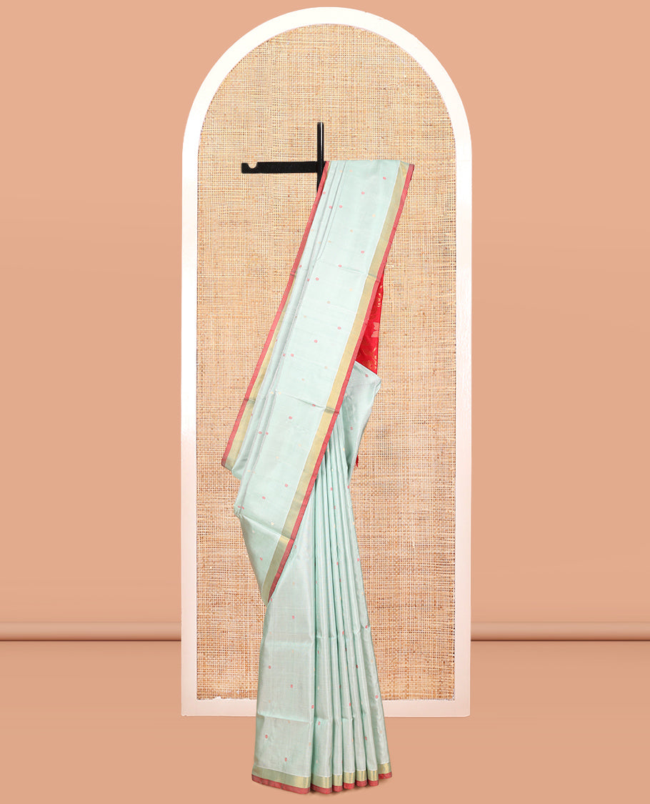 Blue Uppada Silk Saree, Embellished with Thread Buttas, Complemented By Contrast Bavanji Border, Grand Floral Vine Pallu, and a Contrast Blouse