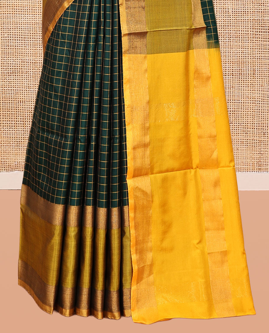 Green Checked Uppada Silk Saree, Complemented by Contrast Zari Border, Zari Woven Pallu, and a Contrast Blouse