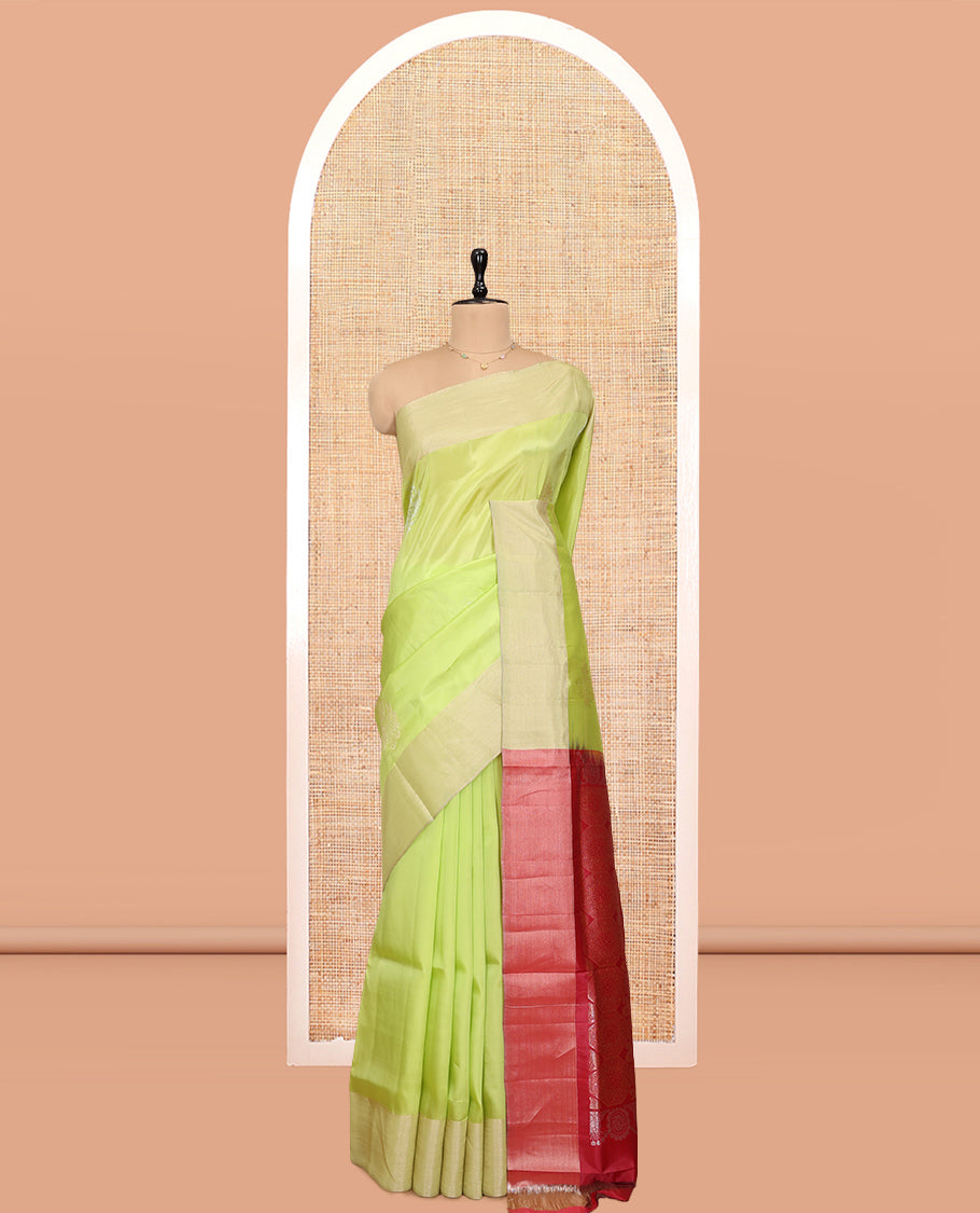 Light Green Semi Uppada Saree, Bedecked with Zari Buttas, a Bavanji Border, Contrast Intricate Pallu, and a Contrast Blouse