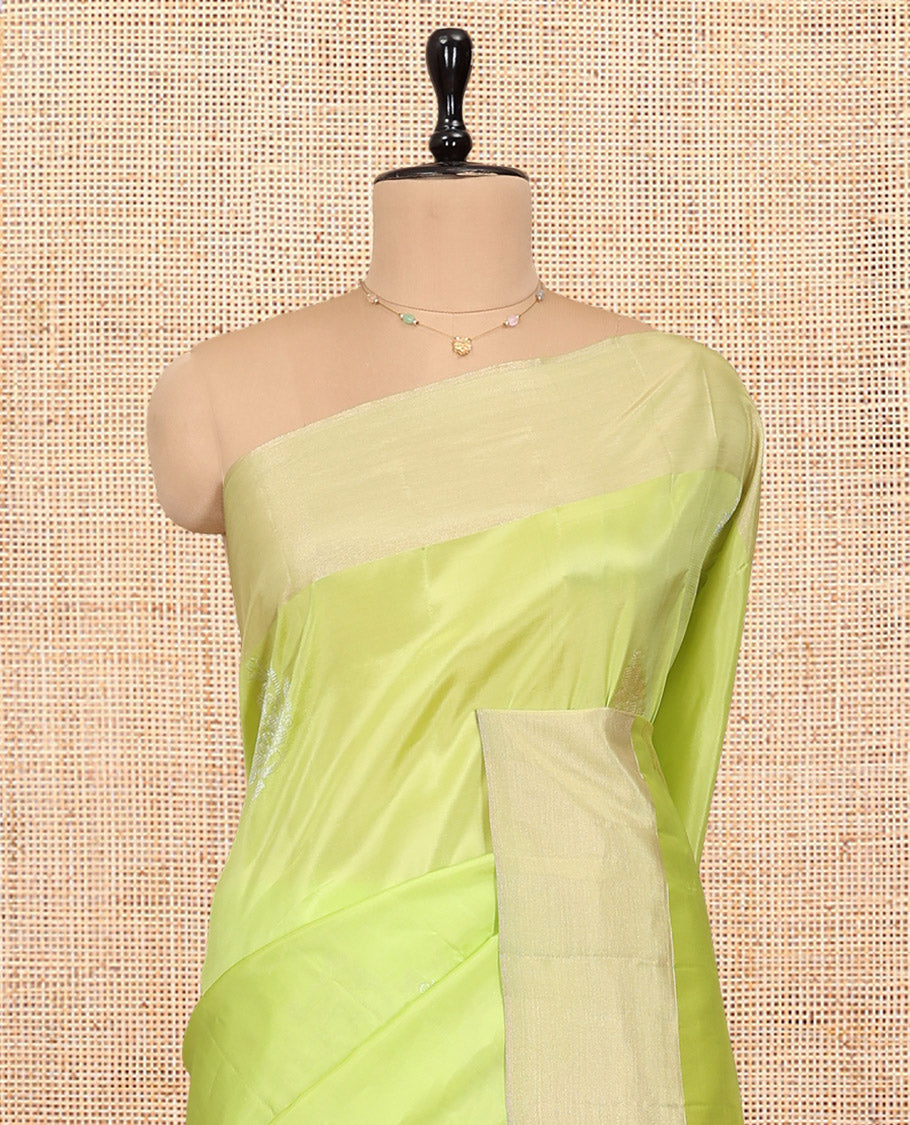 Light Green Semi Uppada Saree, Bedecked with Zari Buttas, a Bavanji Border, Contrast Intricate Pallu, and a Contrast Blouse