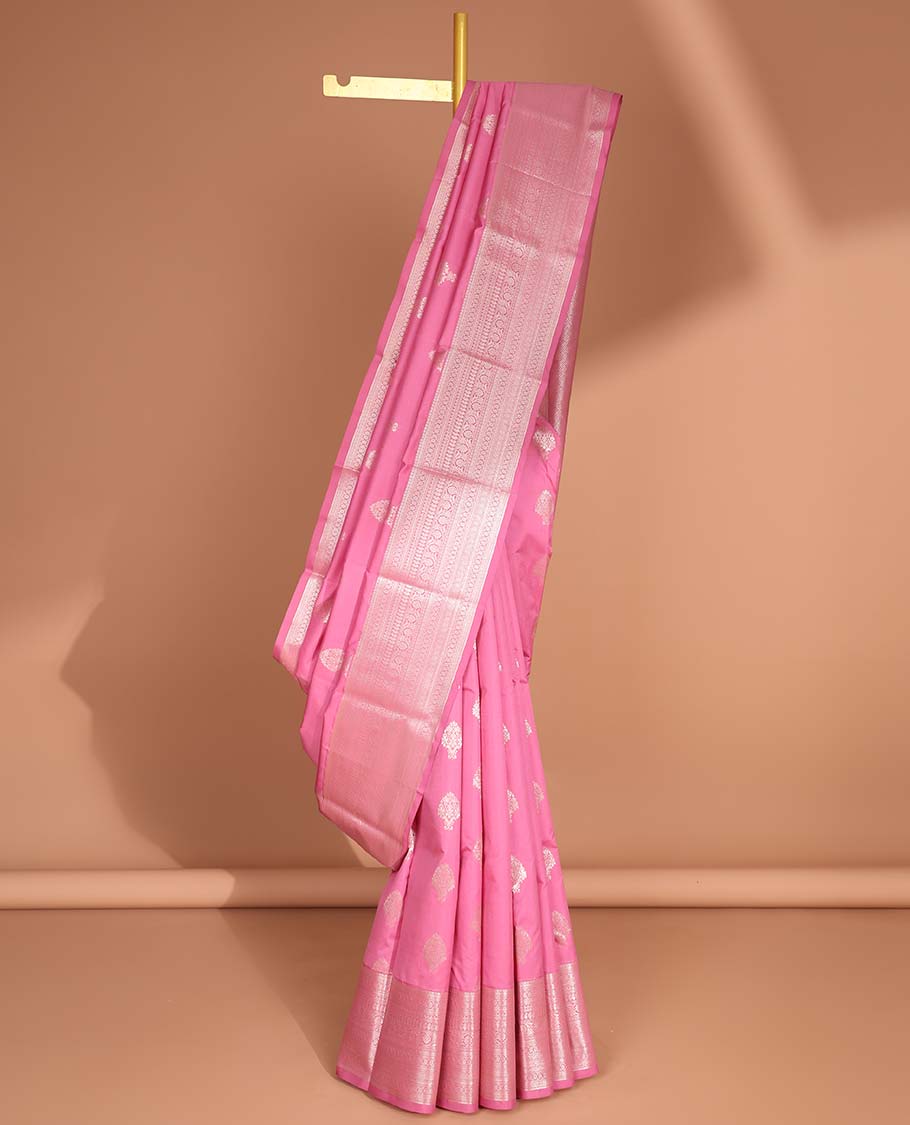 Light pink leaf buttas vasundhara elite silk saree with self intricate zari design border & zari design pallu