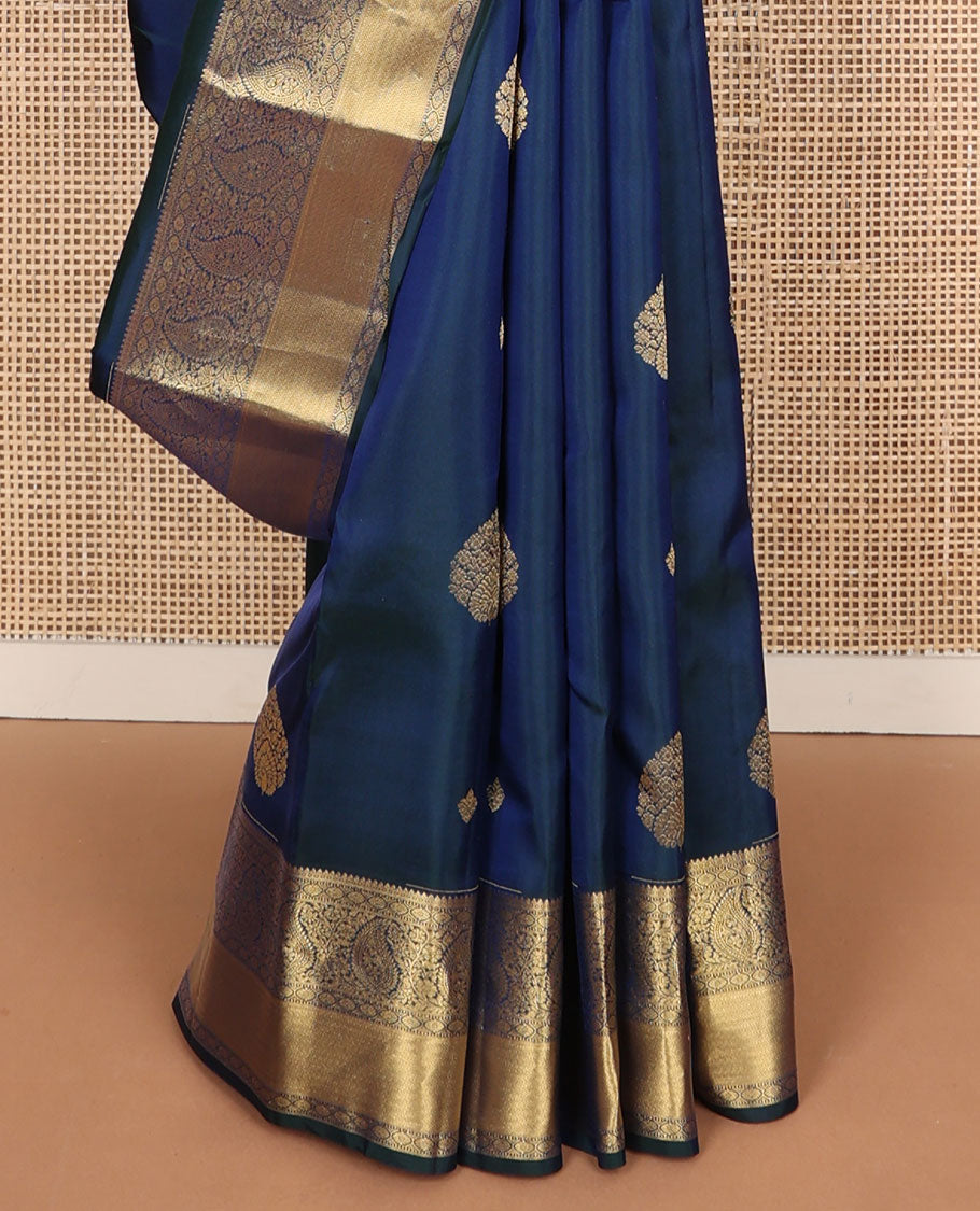 Dark blue leaf buttas vasundhara elite silk saree with self floral design border & chevron design pallu