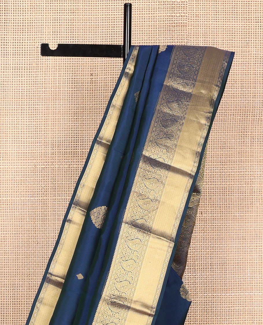 Dark blue leaf buttas vasundhara elite silk saree with self floral design border & chevron design pallu