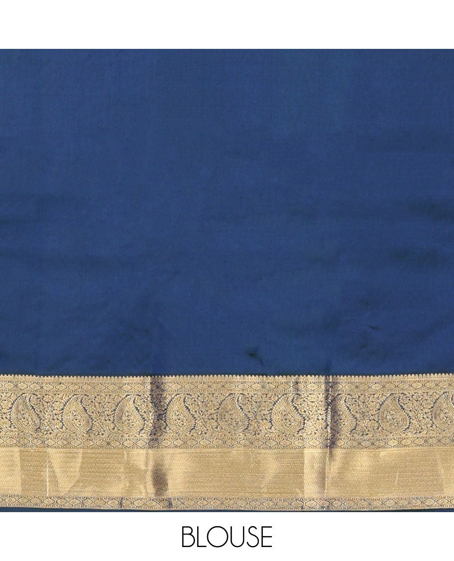 Dark blue leaf buttas vasundhara elite silk saree with self floral design border & chevron design pallu