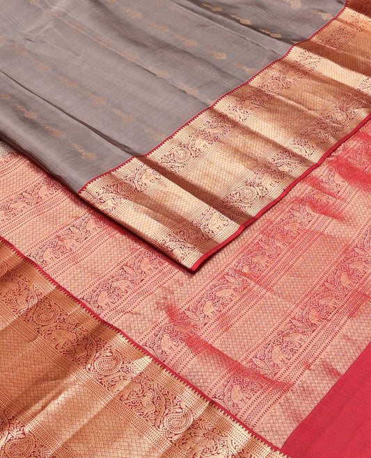 Grey zari buttas Vasundhara silk mix saree, contrast border of rekku, kathir, manga, yaanai & jaal designs & intricate pallu