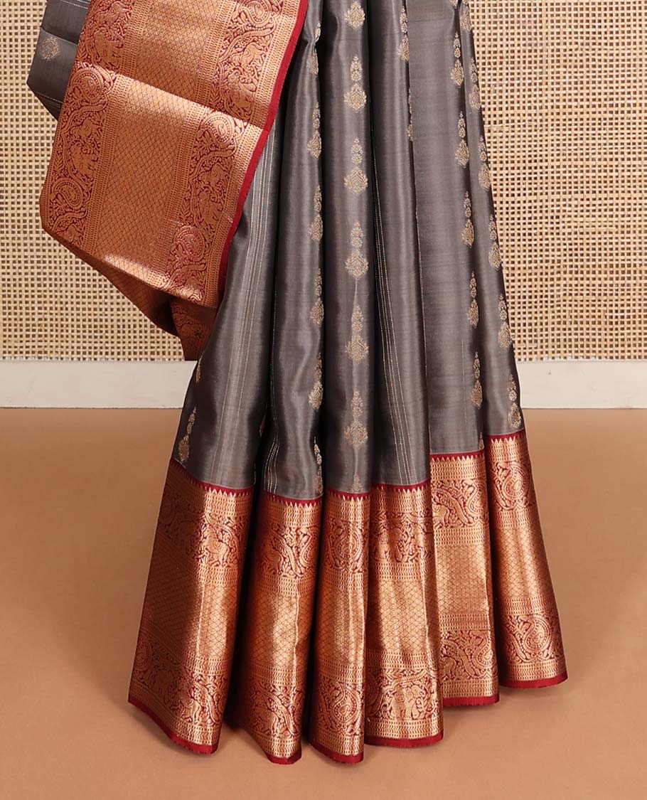 Grey zari buttas Vasundhara silk mix saree, contrast border of rekku, kathir, manga, yaanai & jaal designs & intricate pallu