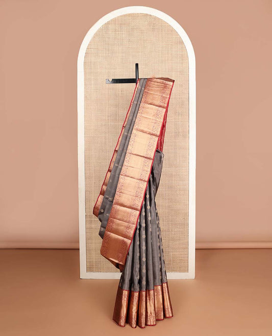 Grey zari buttas Vasundhara silk mix saree, contrast border of rekku, kathir, manga, yaanai & jaal designs & intricate pallu