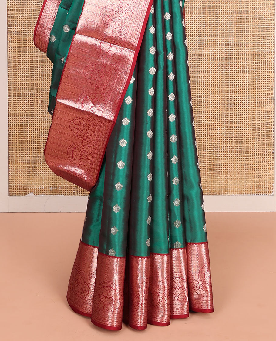 Green Vasundhara Lite-Silk Mix Saree, Ornamented with Zari Buttas All Over Its Body, Complemented by a Contrast Border of Rekku, Kathir, Mayil Kann, and Floral Designs, Grand Pallu of Jaal Designs, and Paired with a Contrast Blouse