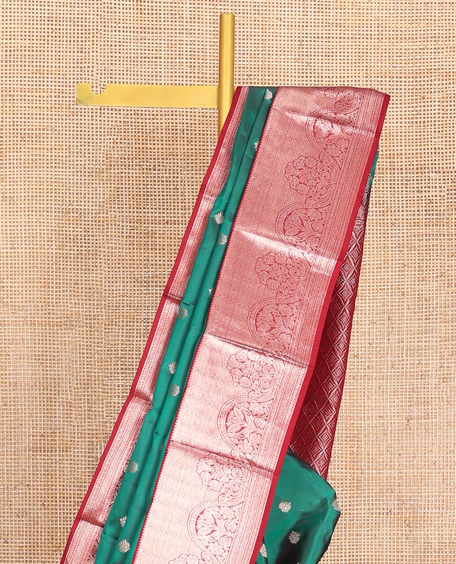 Green Vasundhara Lite-Silk Mix Saree, Ornamented with Zari Buttas All Over Its Body, Complemented by a Contrast Border of Rekku, Kathir, Mayil Kann, and Floral Designs, Grand Pallu of Jaal Designs, and Paired with a Contrast Blouse