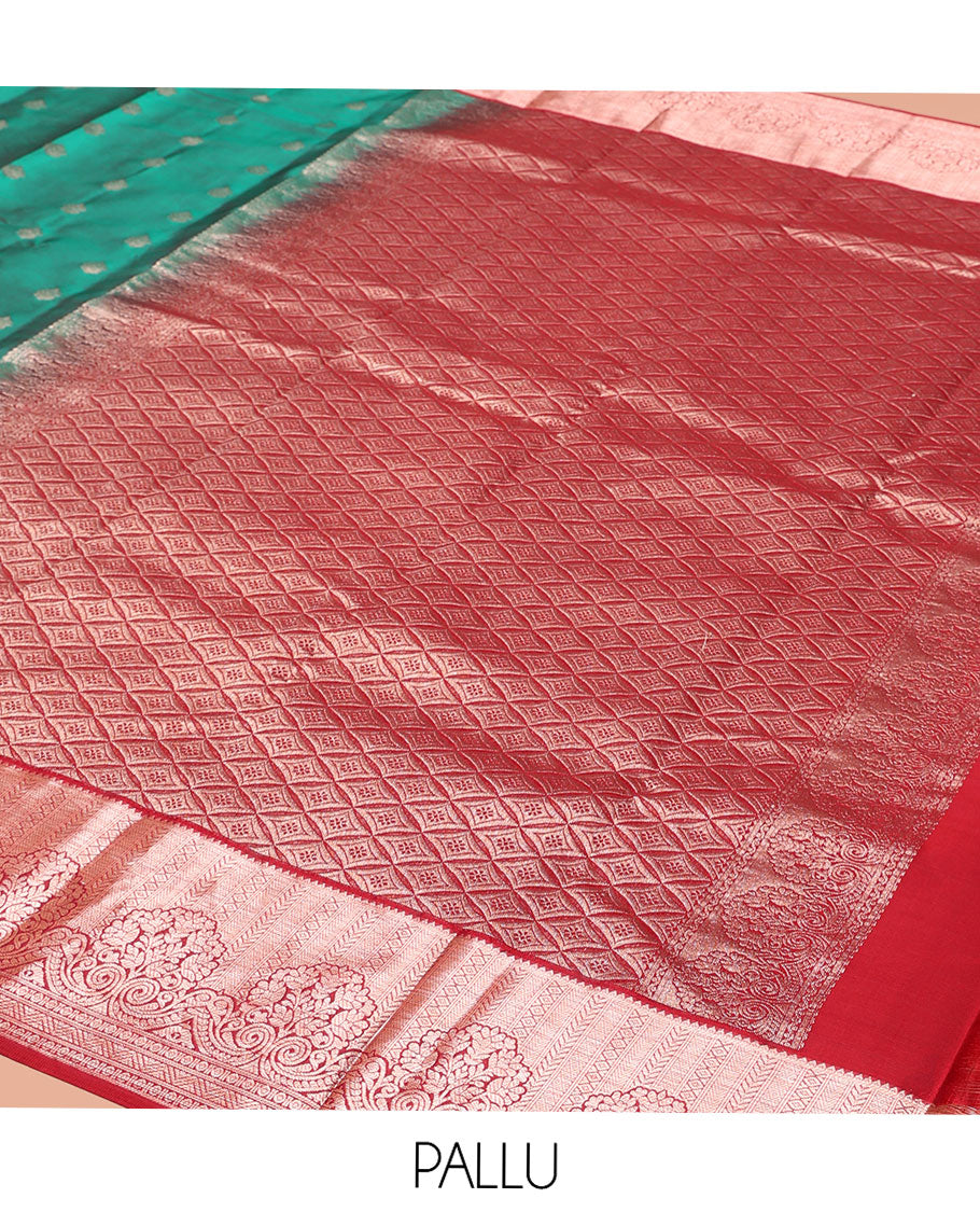 Green Vasundhara Lite-Silk Mix Saree, Ornamented with Zari Buttas All Over Its Body, Complemented by a Contrast Border of Rekku, Kathir, Mayil Kann, and Floral Designs, Grand Pallu of Jaal Designs, and Paired with a Contrast Blouse